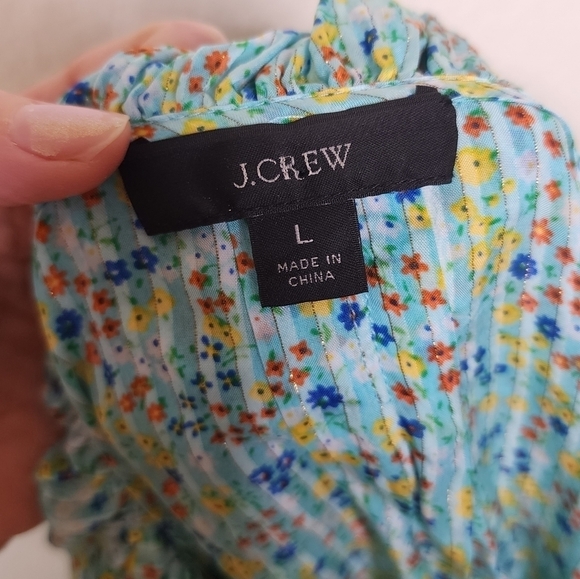J. Crew Aqua Floral Field  Day Print Ruffle Blouse L - Picture 5 of 9